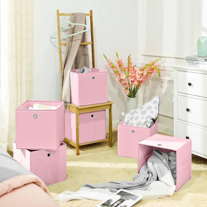 SONGMICS Storage Box, 6 Pack, Folding Box, Foldable Organizer, with Finger Hole, 30 x 30 x 30 cm, RFB02H-3 (Pink)