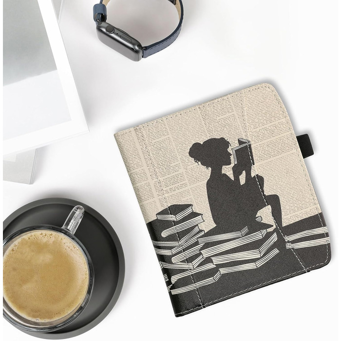 Чохол-книжка kwmobile для Pocketbook Era/Era Color з кишенею та петлею для руки - з дизайном 'Читаюча жінка' чорно-бежевий