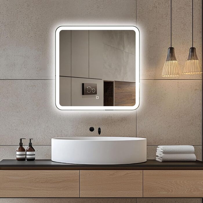Дзеркало для ванної кімнати Venti 60x60 см з підсвічуванням та сенсорним вимикачем, LED дзеркало для ванної, квадратне дзеркало на стіну