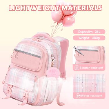 Шкільний рюкзак Tanou для дівчаток, ергономічний, великий, рожевий, з принтом в клітинку