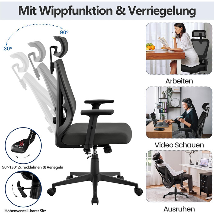 Офісне крісло Yaheetech з регульованою підголовником та поперековою підтримкою, дихаюча сітчаста спинка, широке сидіння, S-подібна спинка, поворотне на 360°, чорний