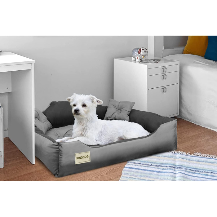 KingDog Microfiber Dog and Cat Bed with Two Cushions, Dog Cushion, Dog Basket, Pet Bed, Washable, Waterproof Material (Inner Dimensions: 40x30cm / Outer Dimensions: 55x45cm, Grey/Black)