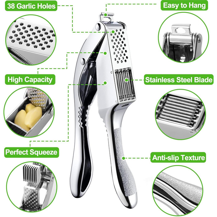 Пресу для часнику з нержавіючої сталі 2-в-1, з подрібнювачем та щіткою для чищення, придатна для миття в посудомийній машині