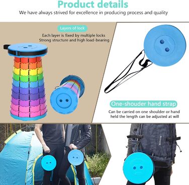 Складаний туристичний стільчик-табурет, 440lbs, з сумкою, для кемпінгу, риболовлі, подорожей, барбекю (Райдужний)