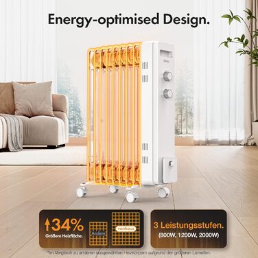 Електричний масляний радіатор VonHaus 2000W з 9 ребрами, 3 режими, термостат, 4 колеса, 1.5м кабель (білий)