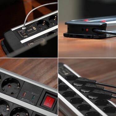 Многофункціональна мережева стрічка Ucomen на 10 розеток з USB та захистом від перенапруги (3680W, 16A) для комп'ютерних столів, з USB-зарядкою 20W (USB-A та USB-C), кабель 1.5м
