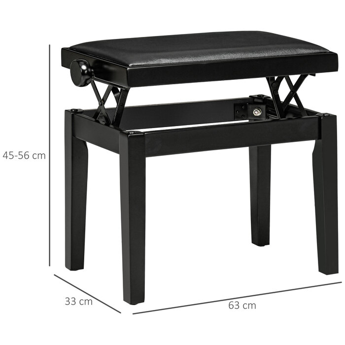 HOMCOM Piano Bench - Height Adjustable Piano Stool with Leather Cushion, Faux Leather, Beechwood, Black, 63 x 33 x 45-56 cm, ideal for pianists