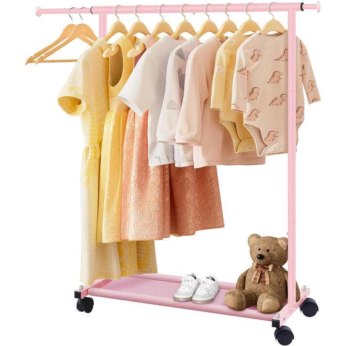MISSLO Small Clothes Rack for Hanging Clothes, Garment Rod Rolling Stable for Kids, Toddler, Baby, Little Girls, Adults (Pink)