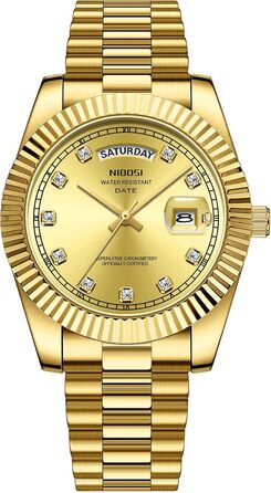 Годинник NIBOSI для чоловіків: аналоговий кварцовий годинник з нержавіючої сталі, водонепроникний, з датою та індикатором дня тижня, бізнес-стиль, класика (2627-gold)