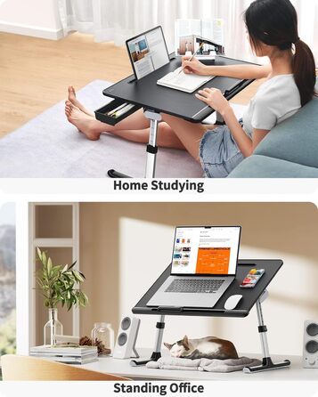 Столик для ноутбука SAIJI 60x45 см з регульованою висотою, з підставкою для книг, ящиком та кріпленням для планшета. Чорний.