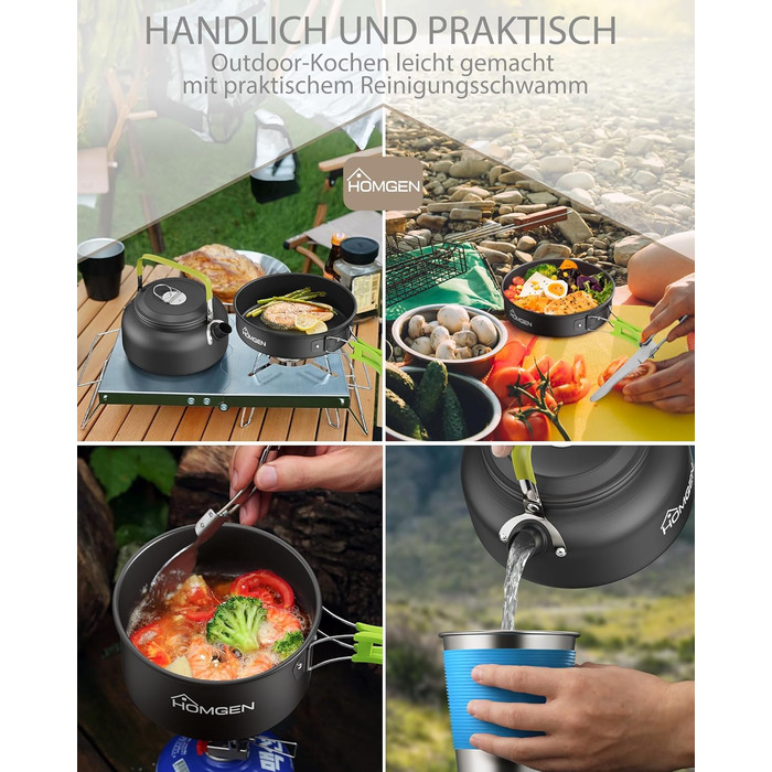 Набір кухонного посуду для кемпінгу Homgen: каструлі та сковорідки з алюмінію, легкий, для 2-3 осіб, з сумкою для зберігання, підходить для кемпінгу, пікніків, походів