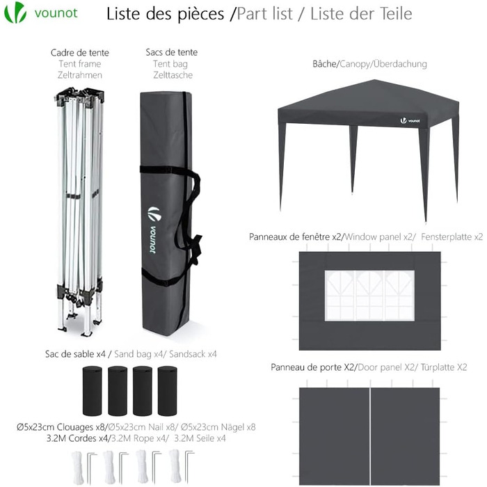VOUNOT® 3x3m (approx. 10x10ft) Pavilion with 4 Side Walls & 4 Sandbags, Pop-Up Folding Pavilion, Foldable Garden Tent Party Tent, including Bag, Grey