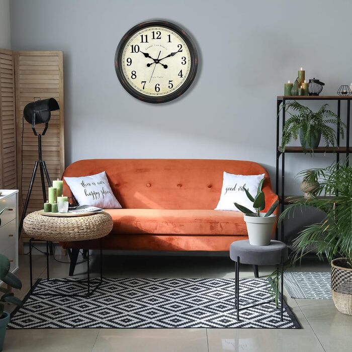DIYZON Round Classic Wall Clock, Silent Non-Ticking, 40 cm High-Quality Quartz Vintage Clock, Large Number Retro Decorative Clock, Battery-Powered, Easy to Read for Home, Kitchen, Dining Room