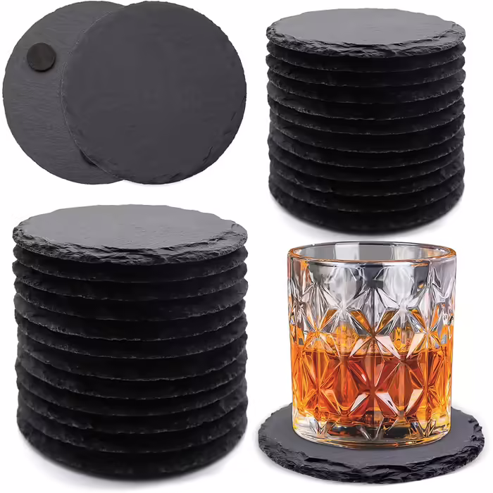 24 Round Slate Coasters, VIBRATITE 10.2 cm, Black Slate Coasters with Scratch-Resistant Bottom for Drinks, Bar, Kitchen, Home Decor