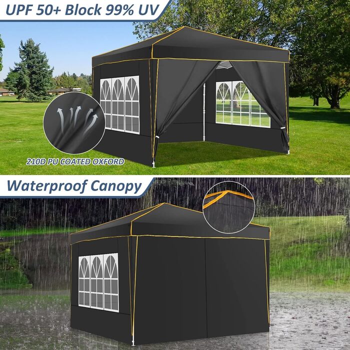 COBIZI Gazebo 3x3 Waterproof Stable Winter-Proof Party Tent, Folding Gazebo 3x3 with 4 Side Panels 3.0, 100% Waterproof and UV 50+ Portable High-End Portability Garden Gazebo, Black