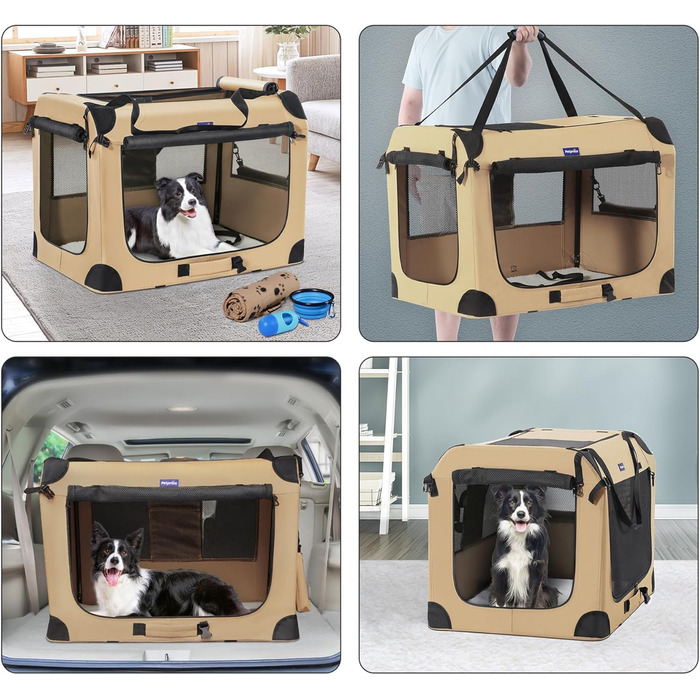 Транспортний бокс для тварин Petprsco з м'якими стінками, 3-дверний, складний, з ременями, для котів та собак, 81x58x58 см, бежевий