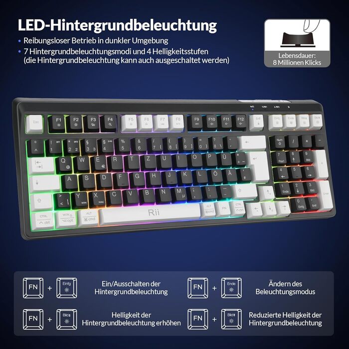 Бездротовий ігровий комплект клавіатури та миші Rii: Bluetooth + 2.4GHz, LED-підсвітка, QWERTZ