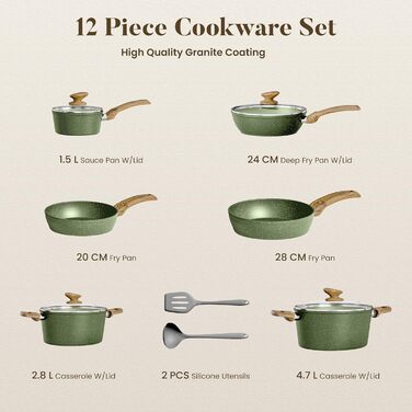 Набір посуду Kitchen Academy Granite 12 предметів для індукції, антипригарне покриття, без PFOA/PFOS, зелений