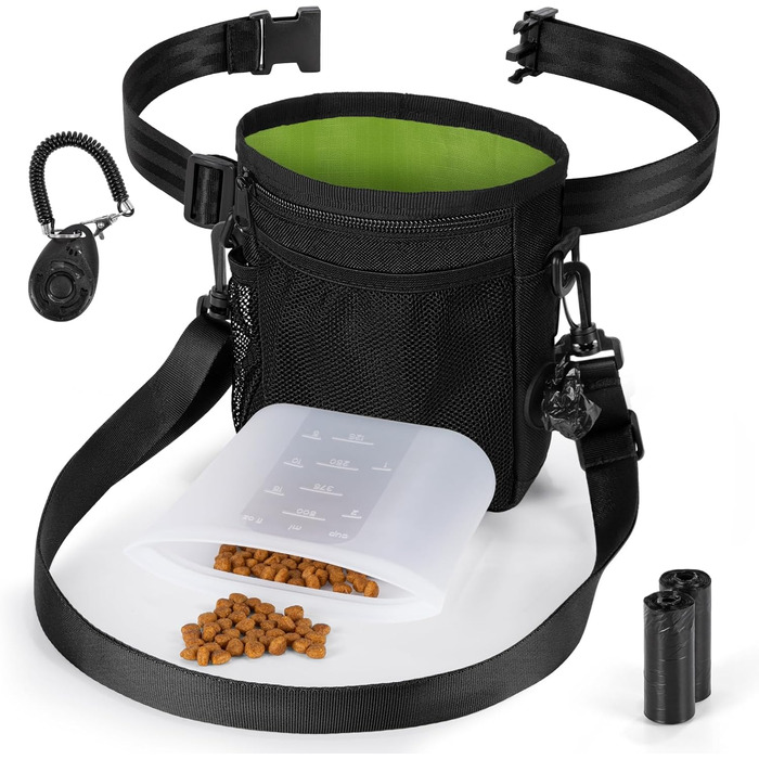 Набір для собак: сумка для ласощів, клікер, диспенсер для відходів, поясна сумка для корму. Чорний & зелений інтер'єр
