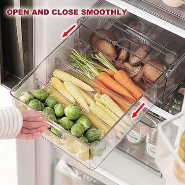 Refrigerator Organizer Drawer Set with Handle, 3-Piece Stackable Kitchen Storage Boxes with Pull-Out Drawer & Lid for Vegetables, Berries, Meat | PET Plastic Food Storage Containers (2 packs with drawer - 6L * 2)