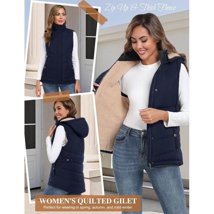 Жіноча степкова жилетка Tuopuda з капюшоном, флісова підкладка, тепла зимова куртка без рукавів, термо жилетка з коміром-стійкою, на блискавці, осінь/зима (темно-синій, XXL)