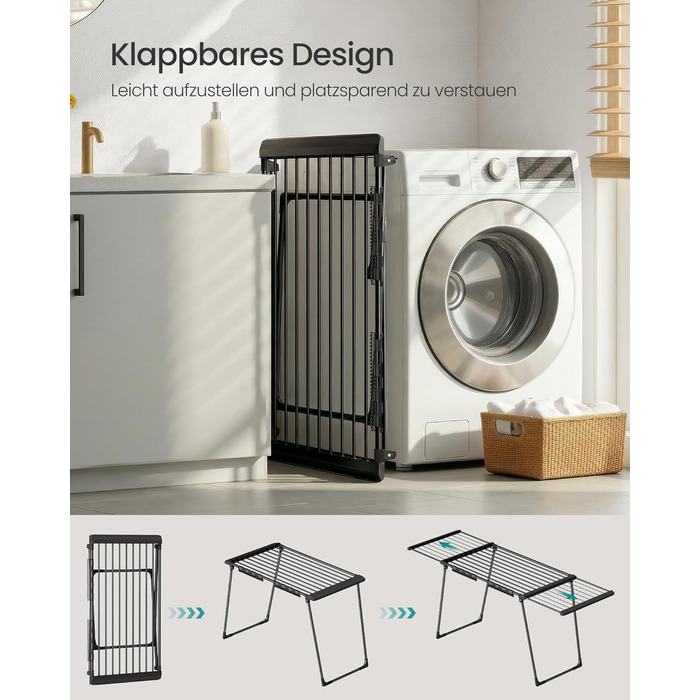 SONGMICS Сушарка для білизни, металева, 52.5 x 173 x 96.5 см, з крилами, для одягу, рушників, шкарпеток, чорна (LLR518G01)