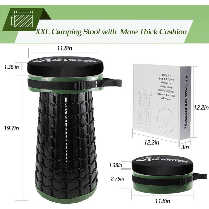 Розкладний телескопічний стілець Alevmoom для риболовлі та відпочинку на природі, 50 см, 450 кг, темно-зелений