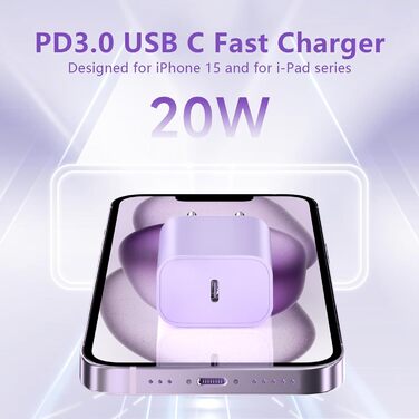 Зарядний пристрій USB-C 20W з кабелем Type-C 2м для iPhone 16/15/Pro/Air - комплект 2 шт. (Ліловий + Синій)