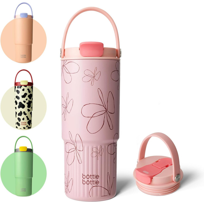 BOTTLE BOTTLE Insulated Water Bottle with Straw and Handle, Stainless Steel Water Bottles for Car, Sports, Home, Office, and School, 750 ml, Leak-Proof, Colors (Flowers)