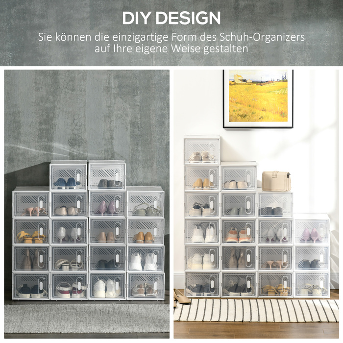 HOMCOM Set of 18 Modular Shoe Storage Boxes with Transparent Doors - Dimensions 25W x 35D x 19H cm | Aosom