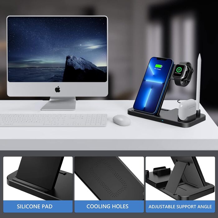 Бездротовий зарядний пристрій 4-в-1, 18W для Apple Watch, AirPods Pro, iPhone 12/SE/11/X/XR/Xs Max/8, Samsung Galaxy S20/S10 - Qi сертифікований