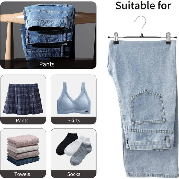 10 шт. металеві вішалки для штанів з кліпсами, 30 см, антиковзаючі, хром, для штанів, шкарпеток, спідниць, міцні, економія місця, чорні (10 шт.)