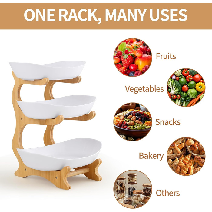 Трирівнева етажерка для фруктів та закусок з бамбуковим підставкою, преміум-пластик