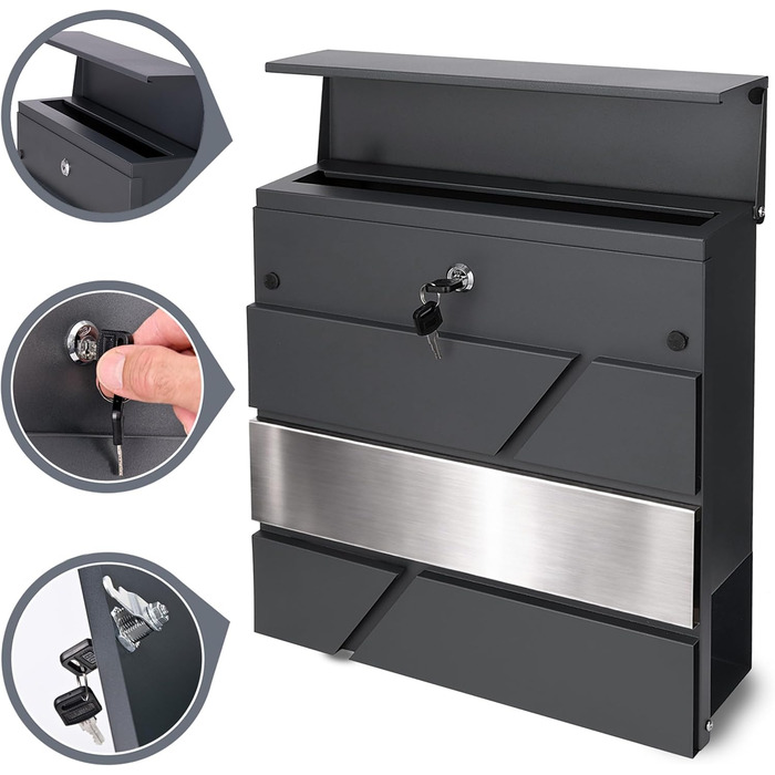 Поштовий ящик Verda з газетницею, нержавіюча сталь, антрацит, 37x37x11 см, з ключами, вікном та табличкою для імені - сучасний вуличний поштовий ящик