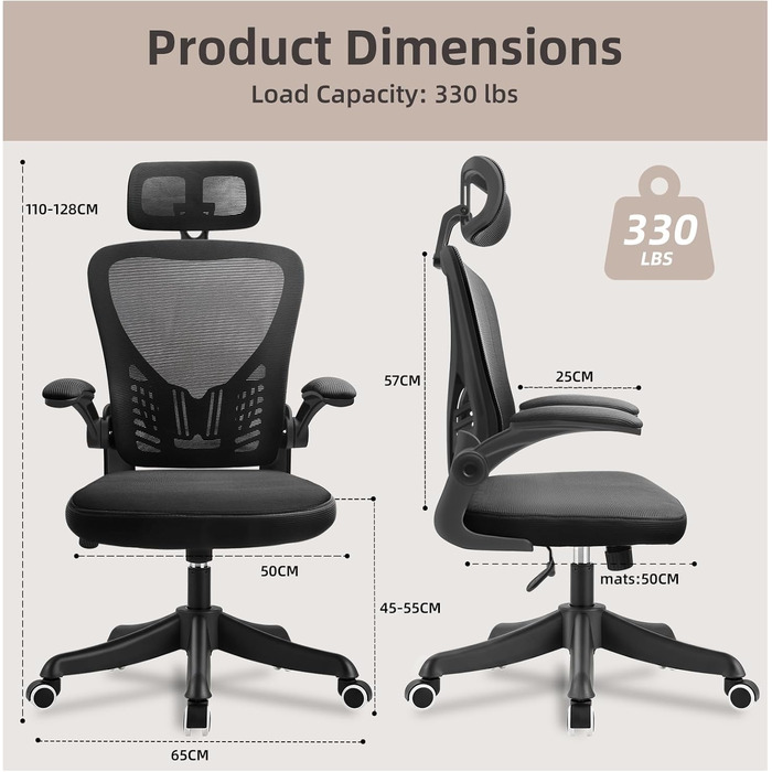Ергономічне крісло для офісу та дому з підтримкою попереку та регульованою підголівником, велике сидіння