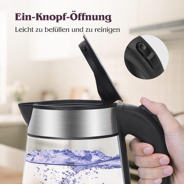 Електричний чайник Aigostar 1.7л, 2200W, LED, без BPA, скло Borosilikat, фільтр від накипу, чорний (Chubby)