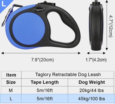 Витяжна повідка для собак середніх та великих порід до 45 кг Taglory, 5 м, блакитний