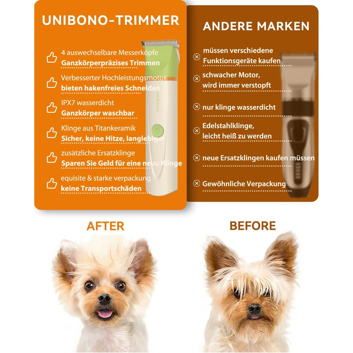 Набір для стрижки собак та котів Leise: акумуляторний тример з 4 насадками, водонепроникний (IPX7), для тіла, мордочки, вух та лап