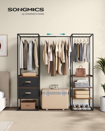 SONGMICS Clothes Rack, Open Wardrobe, Sturdy Coat Rack with 1 Extendable Rod, 2 Drawers, 4 Shelves, for Bedroom, Space-Saving, RGR003W67 (Vintage Brown)