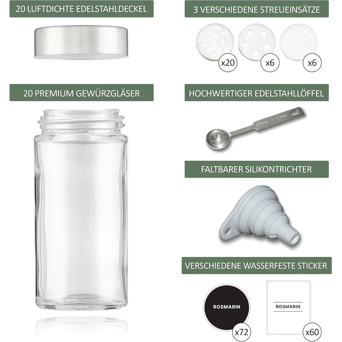 Kesign 20-Piece Spice Jar Set - with high-quality stainless steel lids - round spice containers incl. labels, shaker insert, funnel, and stainless steel spoon for spices - Perfect storage for the kitchen