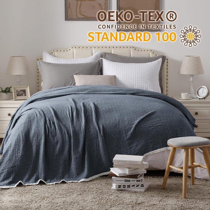 Плед SE SOFTEXLY з бавовни 100%, 4-шаровий м'який плед муслін, ковдра, покривало для ліжка, дивана, вітальні, підходить для будь-якої пори року, колір білий (темно-синій), розмір 130x150 см, 150 x 200 см