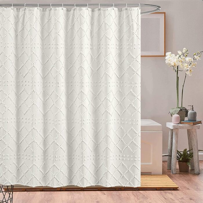 Штора для душу Boho-стиль, біла, 183x183 см, з 12 гачками, геометричний дизайн, для ванної кімнати