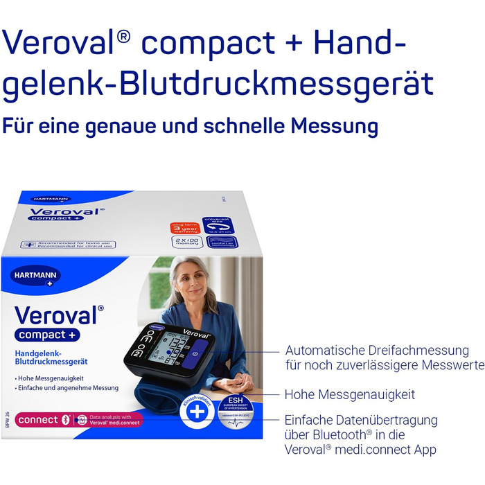 Тонометр Veroval Compact + на плечі, BPU 26: виявлення фібриляції передсердь (AFib), передача даних у додаток, Bluetooth