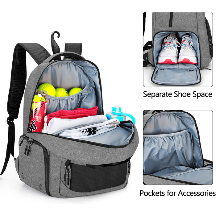 DSLEAF Tennis Bag for 2 Rackets - Backpack with Shoe Compartment - Sports Training Gym Bag for Tennis, Pickleball, Badminton, Squash - Grey