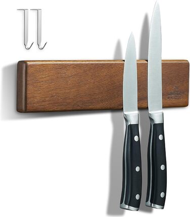 ENOKING Magnetic Knife Strip 26 cm, Magnetic Knife Block without Knives, Magnetic Knife Holder made of Acacia Wood with 2 Hooks