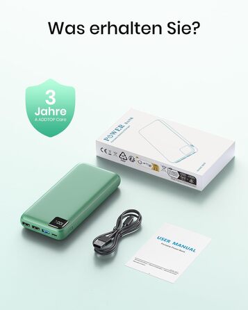 Power Bank A ADDTOP 20000mAh 22.5W: Зовнішній акумулятор для телефону з USB-C, портативний зарядний пристрій 4-в-1, зелений