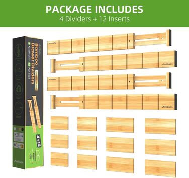 ANTOWIN 4 Pack Expandable Drawer Dividers, 5.7CM, extends from 43CM to 56CM, Drawer Organizers for Kitchen, Bedroom, Office, Bathroom (Natural)