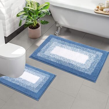 Enyhom Super Soft Microfiber Bath Rugs - Non-Slip, Absorbent, Machine Washable Bath Mats (50x80 + 50x60 cm, Blue)
