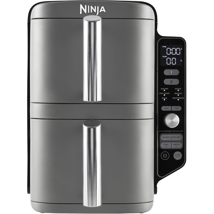 Ninja Double Stack XL Air Fryer Hot Air Fryer, 9.5L Air Fryer, Double Basket Hot Air Fryer with 4 Cooking Levels, 2 Baskets, 2 Racks, Space-Saving Design, 6 Cooking Functions, 8 Portions, Grey SL400EU Stacked Double Drawer 9.5L Grey
