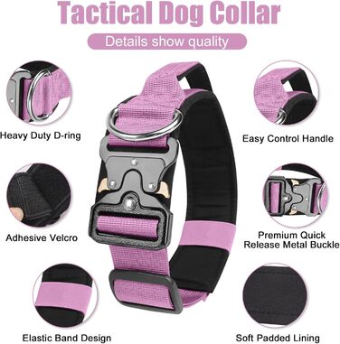 Тактичний нашийник для собак Ledeak з ручкою, регульований, широка підкладка, нашийник з металевою застібкою, навчальний нашийник для собак (фіолетовий, M)